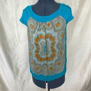 Moulinette Soeurs turquoise & orange silk top, women’s XS